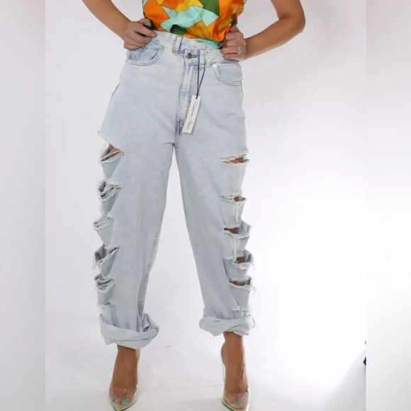 Highway Jeans Denim - Highway Jeans Factory Distressed Ripped Light Blue Wide Leg Denim Size 3 NWT